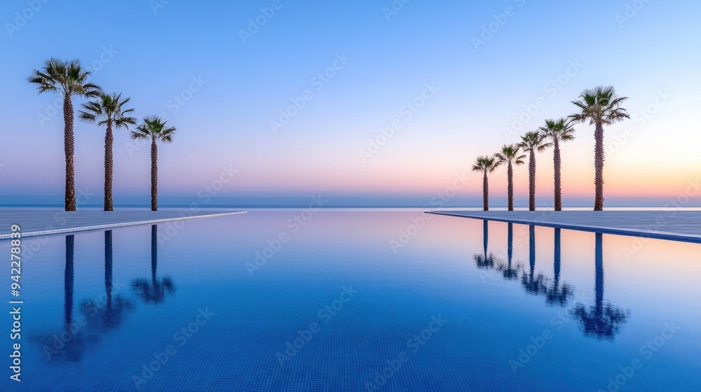 Poster a pool with three palm trees in the middle of it, ai