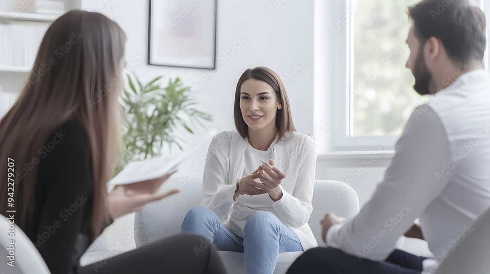 Canvas Prints A woman sits between two people, listening intently.