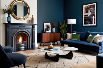 Stylish Living Room Design with Classic Fireplace and Unique Coffee Table in Modern Decor