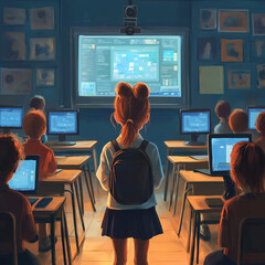 Obraz premium In a modern classroom equipped with technology, a girl with red hair stands facing an interactive whiteboard. She is intently studying the material presented on the screen.