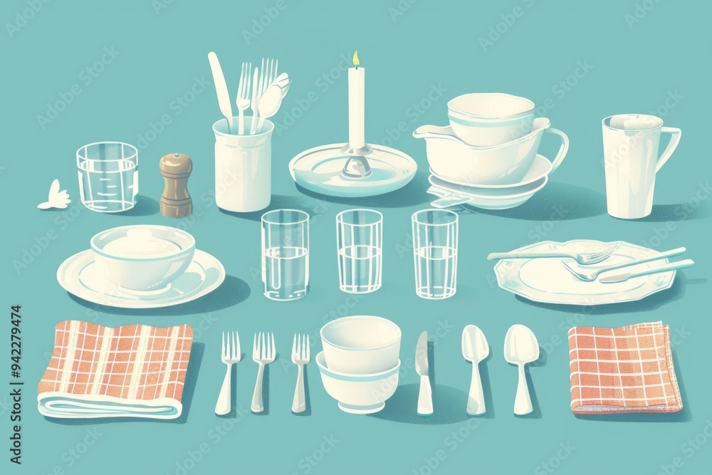 Poster A table setting with various dishes and utensils