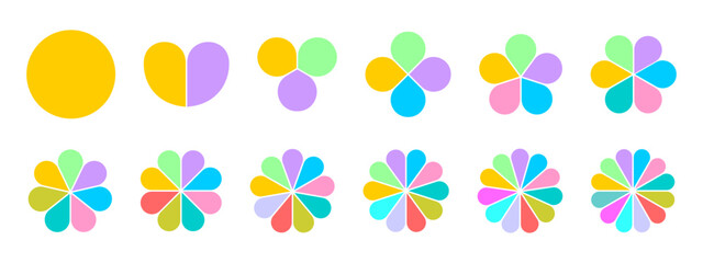 Set of flower diagrams divided on equal sections from 1 to 12. Floral pie charts with colorful leaves isolated on white background. Round-shaped templates for data presentation. Vector illustration.