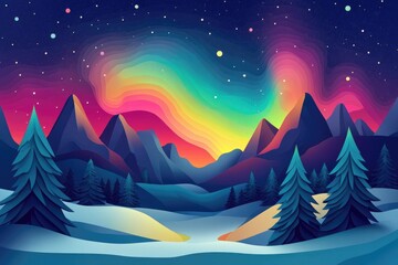 Obraz premium Papercut style illustration, colorful 2D whimsical landscape featuring the Northern Lights