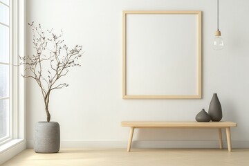 Blank picture frame mockup on wall. Light room minimal design. View of modern scandinavian style interior with artwork mock up on wall. Home staging and minimalism concept