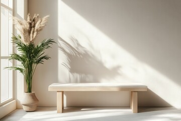 A simple and elegant room with a wooden bench a plant and a vase sitting on it. a dreamy minimal style indoor
