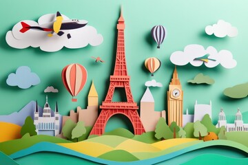Fototapeta premium Papercut style illustration, colorful 2D whimsical retro travel poster depicting a famous landmark