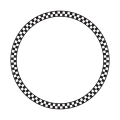 Round frame with black and white checkered print. Circle shaped vignette with checkerboard, race flag or chess game plane pattern. Geometric framework. Vector graphic illistration