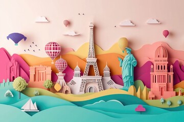 Fototapeta premium Papercut style illustration, colorful 2D whimsical retro travel poster depicting a famous landmark