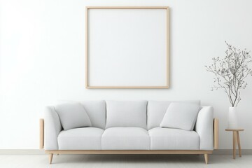 mock up poster frame in modern interior background, minimalistic modern clean empty living room, with plant and furniture. Scandinavian style