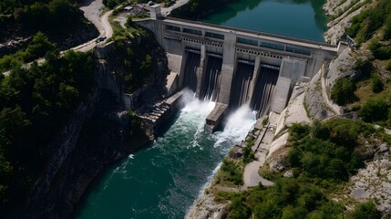 Aerial view of a dam with water rushing over it.