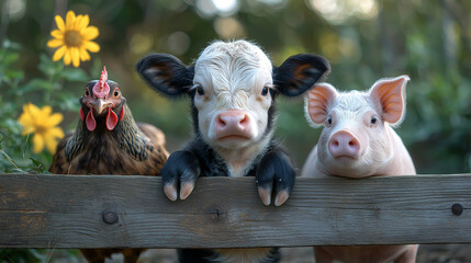 A cute group of baby farm animals looking over a wooden fence. 