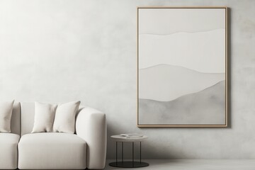 mock up poster frame in modern interior background, minimalistic modern clean empty living room, with plant and furniture. Scandinavian style