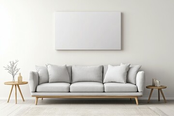 mock up poster frame in modern interior background, minimalistic modern clean empty living room, with plant and furniture. Scandinavian style
