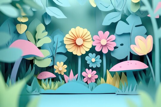 Papercut style illustration, colorful 2D whimsical scene set in a surreal, dreamlike garden
