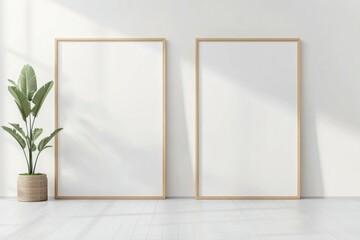 Portrait empty wooden frame mockup in sunlight. Minimalistic composition of sitting room interior with white mock up frame. Scandinavian interior design