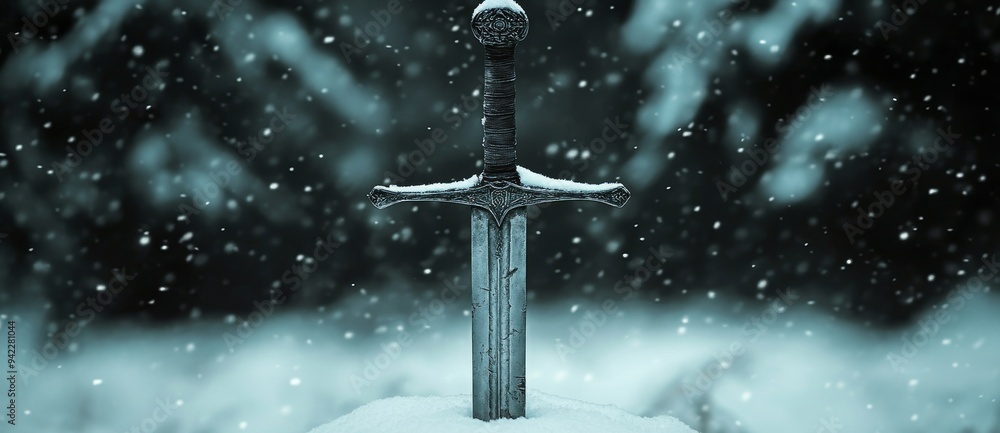 Wall mural the image shows a fantasy silver old ancient sword on a snowy black background.