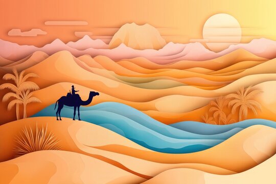 Papercut style illustration, colorful 2D whimsical depiction of a vast desert landscape with a mirage

