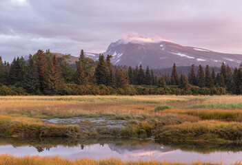 Alaskan Landscapes in Lake Clark National Park along Silver Salmon Creek with mountain ridges and...