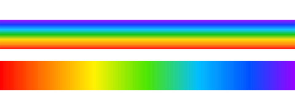 Visible light spectrum lines. Sunlight ultraviolet colors in horizontal and vertical arrangement. Multicolored wavelengths. Borders with colorful rainbow print. Vector graphic illustration.