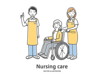 車椅子の高齢女性をケアする介護士の男女
