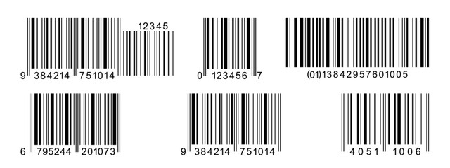 Set of barcode label templates isolated on white background. Collection of barcode icons. Visual digital data representation with merchandise information. Vector graphic illustration
