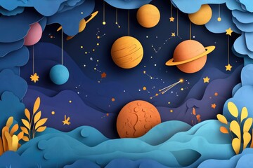 Fototapeta premium Papercut style illustration, colorful 2D whimsical celestial scene featuring the wonders of the night sky