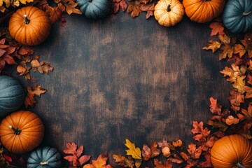 Autumn pumpkins and leaves on a wooden background. Ideal for Thanksgiving or fall-themed designs.