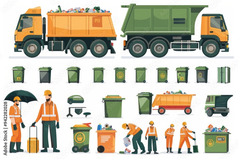 Poster a garbage truck on the move with various containers and workers sorting waste, useful for urban or e