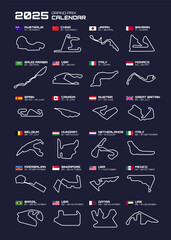 Race tracks, circuit for motorsport and auto sport. Calendar season 2025. Vector poster