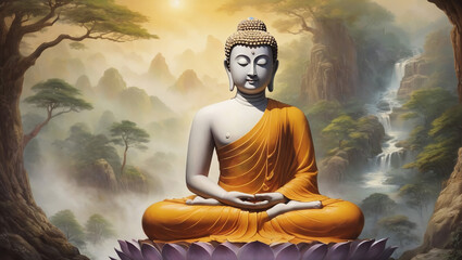 painting of Gautama Buddha Statue at sunset