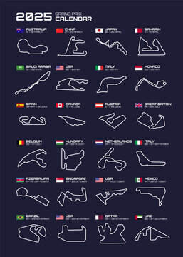 Race tracks, circuit for motorsport and auto sport. Calendar season 2025. Vector poster