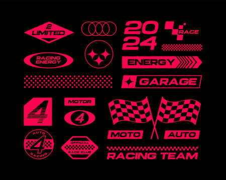 Set streetwear auto racing logo ideas for a clothing brand. Design vector typography for decals auto and t-shirt streetwear clothing y2k style.