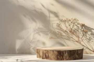 Empty table top wooden counter podium. minimal round empty wooden stump stage for show product, empty product display scene, luminous shadows