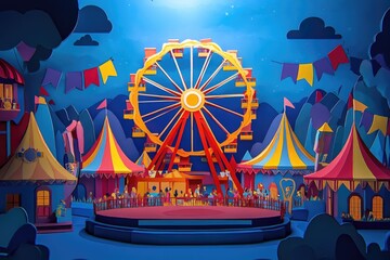 Papercut style illustration, colorful 2D whimsical scene capturing the excitement of a carnival or fair