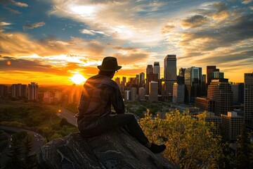 Fototapeta premium A person sitting on top of a rock, gazing out at the city below