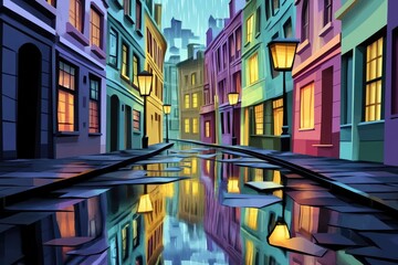 Obraz premium Papercut style illustration, colorful 2D whimsical scene of a rainy city street with reflections