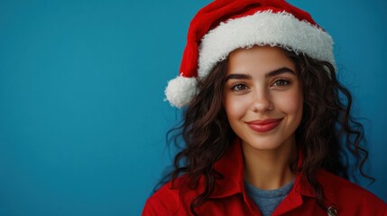 Waist-up portrait of a Latina woman mechanic wearing Santa hat on a blue background, copy space for text