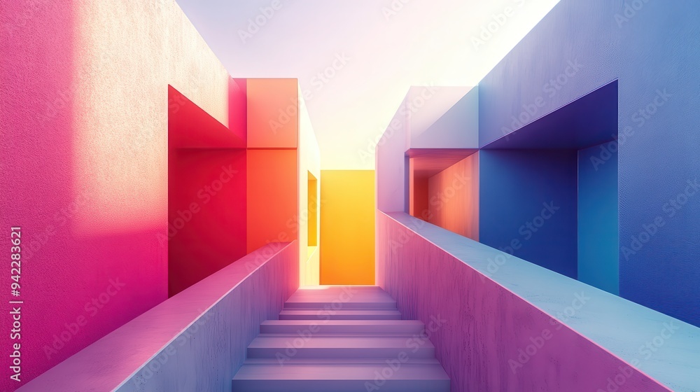 Poster abstract modern architecture with colorful walls and stairs