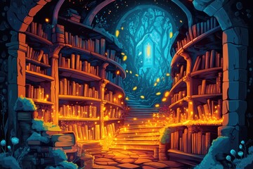 Obraz premium Papercut style illustration, colorful 2D whimsical scene set inside an old, magical library