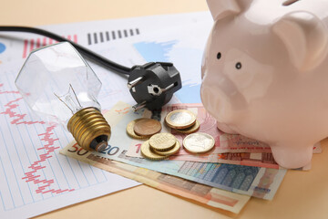 Electric power plug with light bulb, piggy bank and money on beige background
