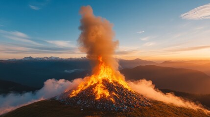Burning garbage in a foggy park at twilight, with the sun setting behind thick mist.
