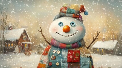 A snowman with a big smile and colorful clothes in the winter, AI