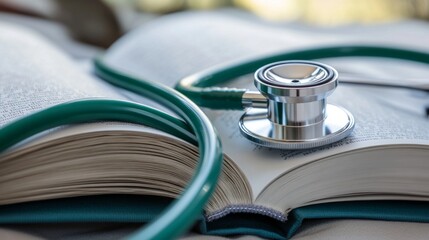 A stethoscope rests on an open medical book. This image symbolizes health and knowledge in the medical field. It captures the essence of learning and care in a simple style. AI.