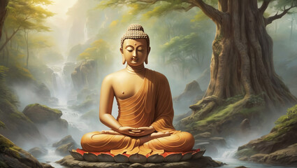 painting of Gautama Buddha Statue at sunset