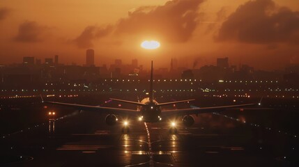 Airplane Landing at Sunset over a City Skyline