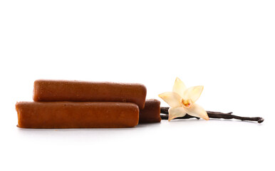 Tasty chocolate glazed curd snacks with vanilla flavor on white background