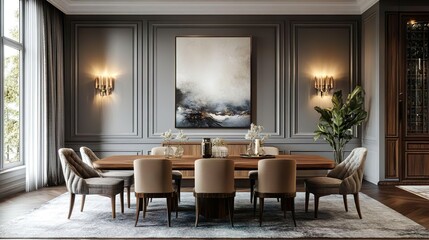 Fototapeta premium Chic Dining Room Decor with a Wooden Table and Elegant Chairs in a Stylish Setting photo