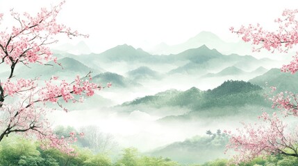 Watercolor Painting of Sakura Blossoms and Misty Mountain Landscape