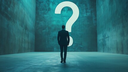 businessman walking towards a big question mark