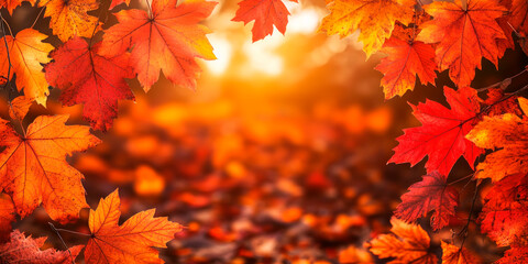 Autumn maple leaves in vibrant red and orange hues frame a blurred background, creating an ideal design for seasonal sale banners, Black Friday promotions, or Halloween marketing campaigns. Perfect
